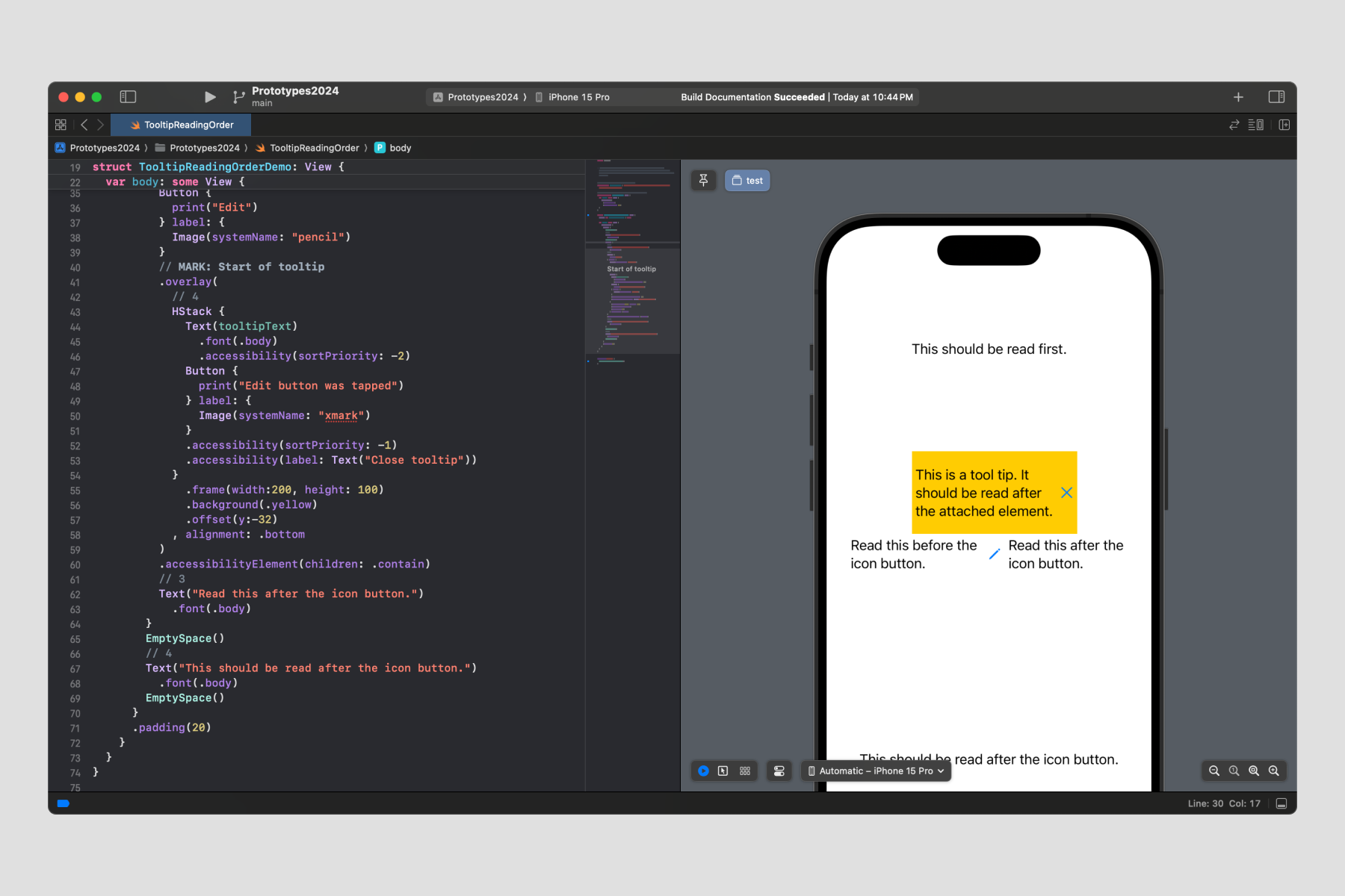 Prototyping — A prototype that demos a technique for presenting a tooltip in SwiftUI via an overlay and making it appear logically in the reading order for VoiceOver and keyboard users.