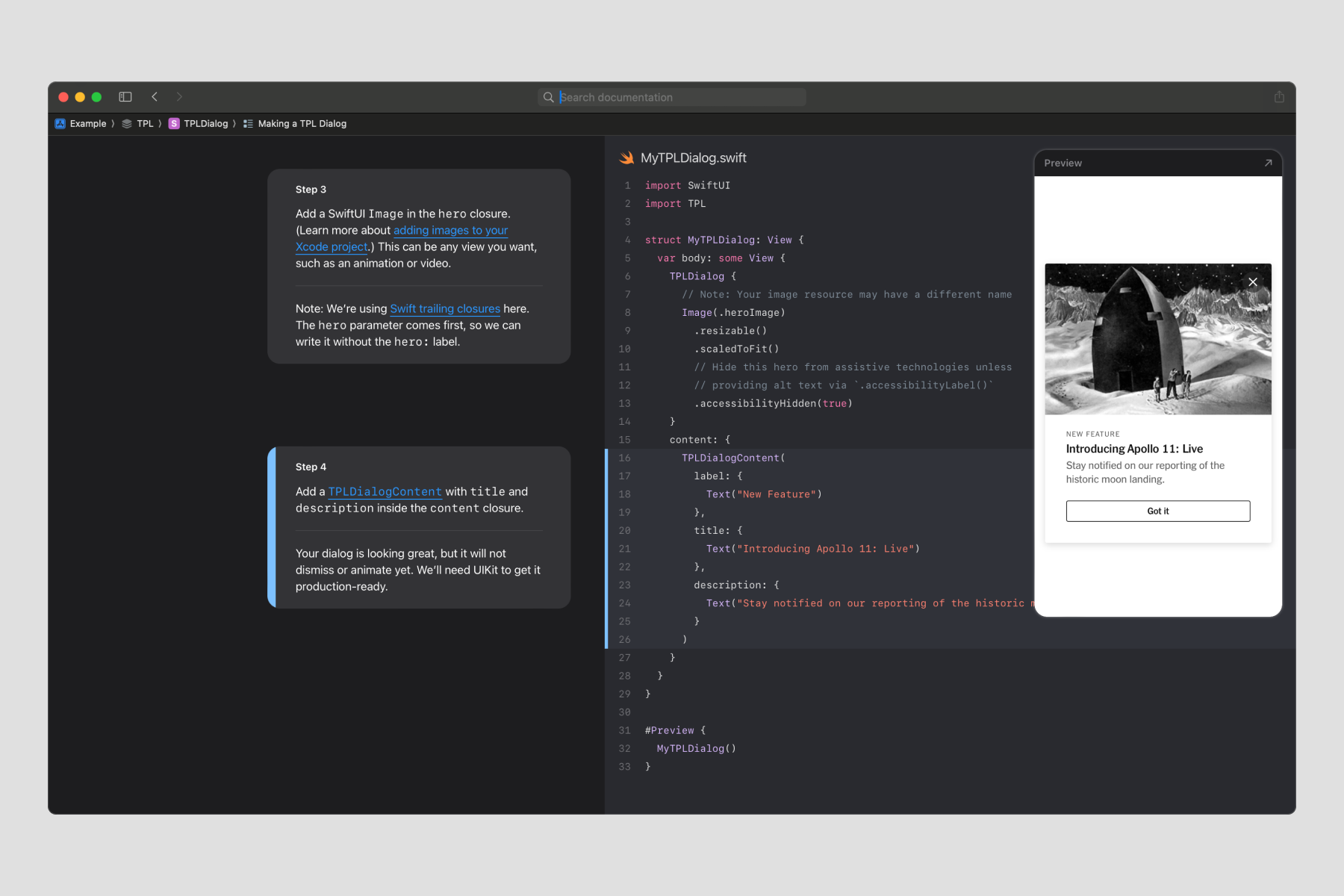 Polish — A step-by-step tutorial explaining how to implement a component along with code samples and a preview.