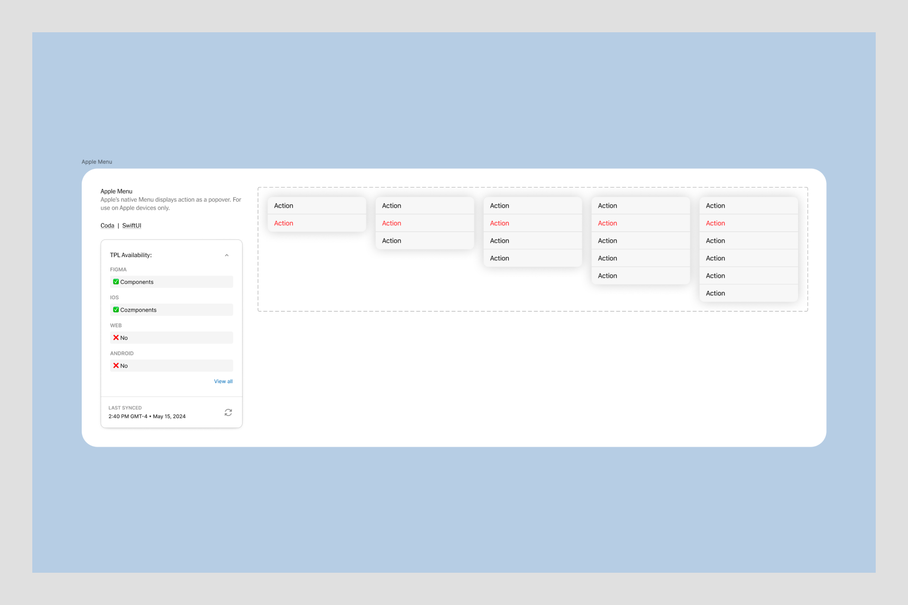 An Apple Menu component in Figma with a variant for more list items and a hidden list item subcomponent with a destructive red variant.